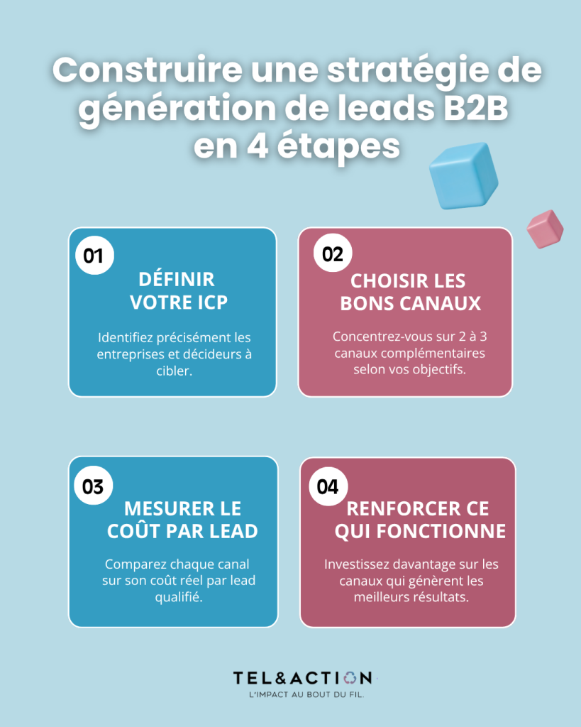 Infographie présentant 4 étapes pour construire une stratégie de génération de leads B2B.