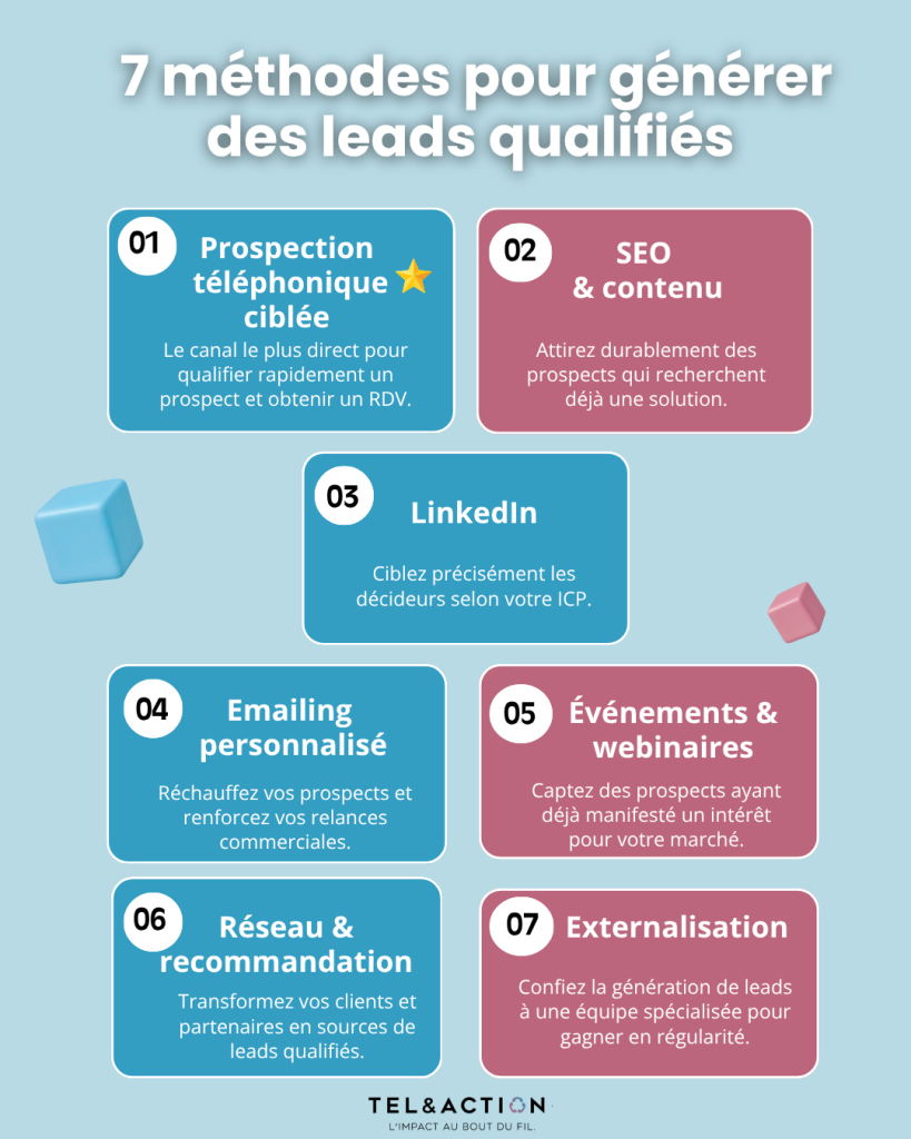 Infographie présentant 7 méthodes pour générer des leads qualifiés B2B.